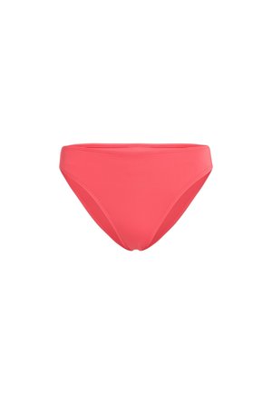 Rosa bikinitruse med en glatt tekstur, med lav midje og moderat dekning. Ingen synlige mønstre eller tilbehør.