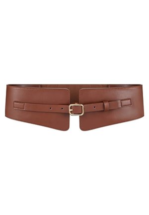 Brown leather wide waist belt with gold rectangular buckle and adjustable strap on a white background.