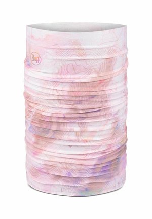 Seamless tubular neck gaiter in soft pink with subtle topographic pattern and small Buff logo near the top edge.
