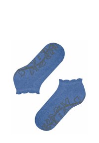 Chaussettes bleu marine à la cheville avec un bord côtelé, présentant un motif texturé de feuillage doré. Matériau doux avec un design ajusté.