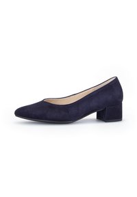 Navyblauwe suède pump met een spitse neus en een vierkante, lage blokhak. Glad oppervlak met minimale details. Platte zool voor stabiliteit.