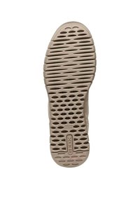 Suola di sneaker beige chiaro con superficie testurizzata e decorata. Presenta fori circolari e ovali per la traspirabilità, con il marchio "GEOX".