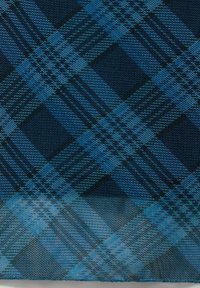Tessuto intrecciato di colore blu scuro con un motivo tartan; presenta diverse sfumature di blu e linee nere che creano un aspetto testurizzato.