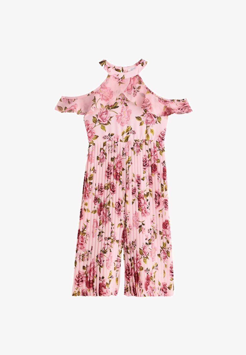 Różowy kombinezon kwiatowy z odkrytymi ramionami, plisowanym dołem i falbankowym dekoltem. Posiada róże i liście w odcieniach różu i zieleni.
