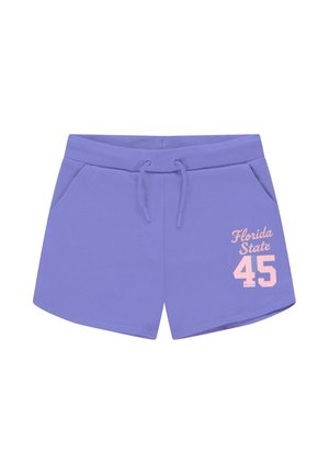 Paarse sportshorts met zijzakken, verstelbare trekkoord taille en "Florida State 45" in het roze gedrukt op het rechterbeen.