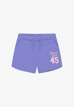 Paarse sportshorts met zijzakken, verstelbare trekkoord taille en "Florida State 45" in het roze gedrukt op het rechterbeen.