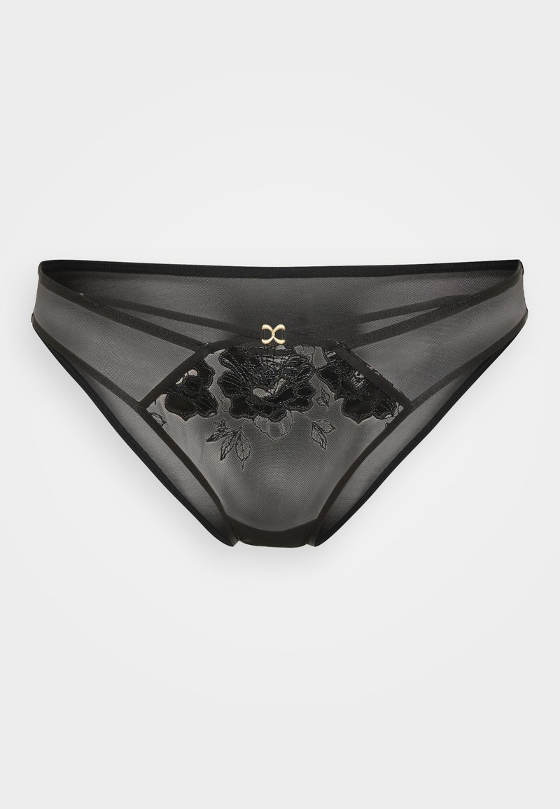 Cuecas pretas transparentes com bordado floral e um detalhe em dourado. O design inclui alças finas e uma textura suave.