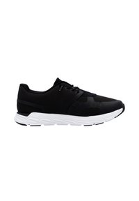 Black athletic shoes with mesh upper, textured detailing, white cushioned sole, and lace closure. Lightweight design for comfort.
