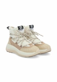 Beige en crèmekleurige hoge sneakers met een gestructureerde bovenkant, bontvoering en gevlochten veters. Voorzien van een gewatteerde kraag en rubberen zool.