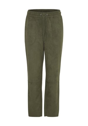 Jogger olive verde realizzati in morbido tessuto, dotati di vita elastica con cordino e due tasche laterali. Design a gamba dritta.