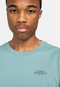 Himmelblaues T-Shirt aus weichem Baumwollstoff, mit Rundhalsausschnitt und kleinem dunkelblauen Logo auf der Brust, das "ELEMENT SKATEBOARD CO. WORLD WIDE." sagt.