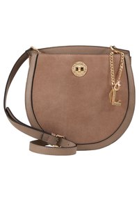 Borsa a tracolla in suede marrone, con forma rotonda a mezzaluna. Presenta una chiusura in tonalità oro, un accento in catena e una tracolla sottile regolabile.