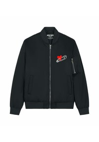 Giacca bomber nera con zip frontale, polsini a costine, tasche laterali e grafica a cuore rosso con spilla da balia sul petto sinistro.