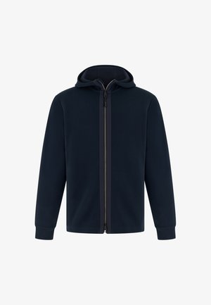 Laivastonsininen huppari, jossa on koko edestä vetoketju, pitkät hihat, resorireunukset ja kiinnitetty huppu.