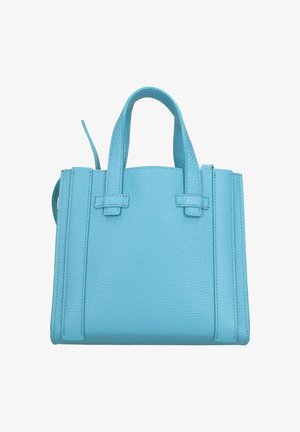 Piccola borsa a mano in pelle blu con due manici superiori, dettagli con cinturini verticali e design minimalista e strutturato.