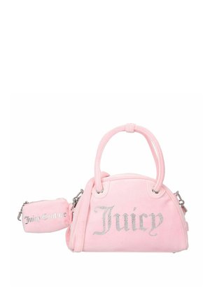 Borsa in velluto rosa con logo "Juicy" in strass argento, forma arrotondata, doppio manico e una piccola pochette aggiuntiva attaccata.