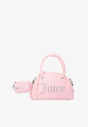 Borsa in velluto rosa con logo "Juicy" in strass argento, forma arrotondata, doppio manico e una piccola pochette aggiuntiva attaccata.