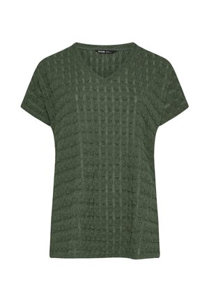 Kortärmlig donkergroene, gestructureerde gebreide top met V-hals en subtiel reliëf met bolletjespatroon, plat gelegd op een witte achtergrond.