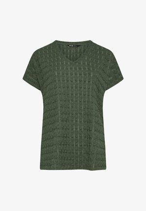 Dunkelgrünes, kurzärmeliges, strukturiertes Strickoberteil mit V-Ausschnitt und dezentem erhabenen Punktmuster, flach auf weißem Hintergrund liegend.