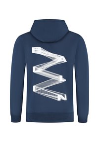 Navyblauwe hoodie met witte 3D-stijl zigzagtekst die "BAZLN" op de achterkant spelt, geribbelde manchetten en een capuchon.