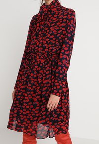 Red and blue floral patterned dress with a black background, long sleeves, a tie neckline, and a gathered waist. Sheer fabric.