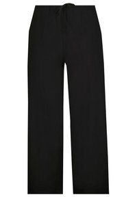 Pantaloni neri a gamba larga realizzati in tessuto morbido, dotati di una vita elastica con cordino per una vestibilità regolabile. Texture liscia, senza motivi.