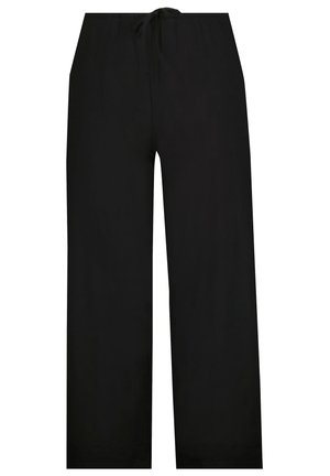 Pantalons larges noirs en tissu doux, dotés d'une taille élastique avec un cordon de serrage pour un ajustement ajustable. Texture lisse, sans motifs.
