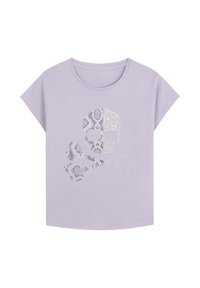 T-shirt corti a maniche in lilla con una grafica di teschio e ossa incrociate scintillanti in tonalità metalliche di argento e viola sul davanti.