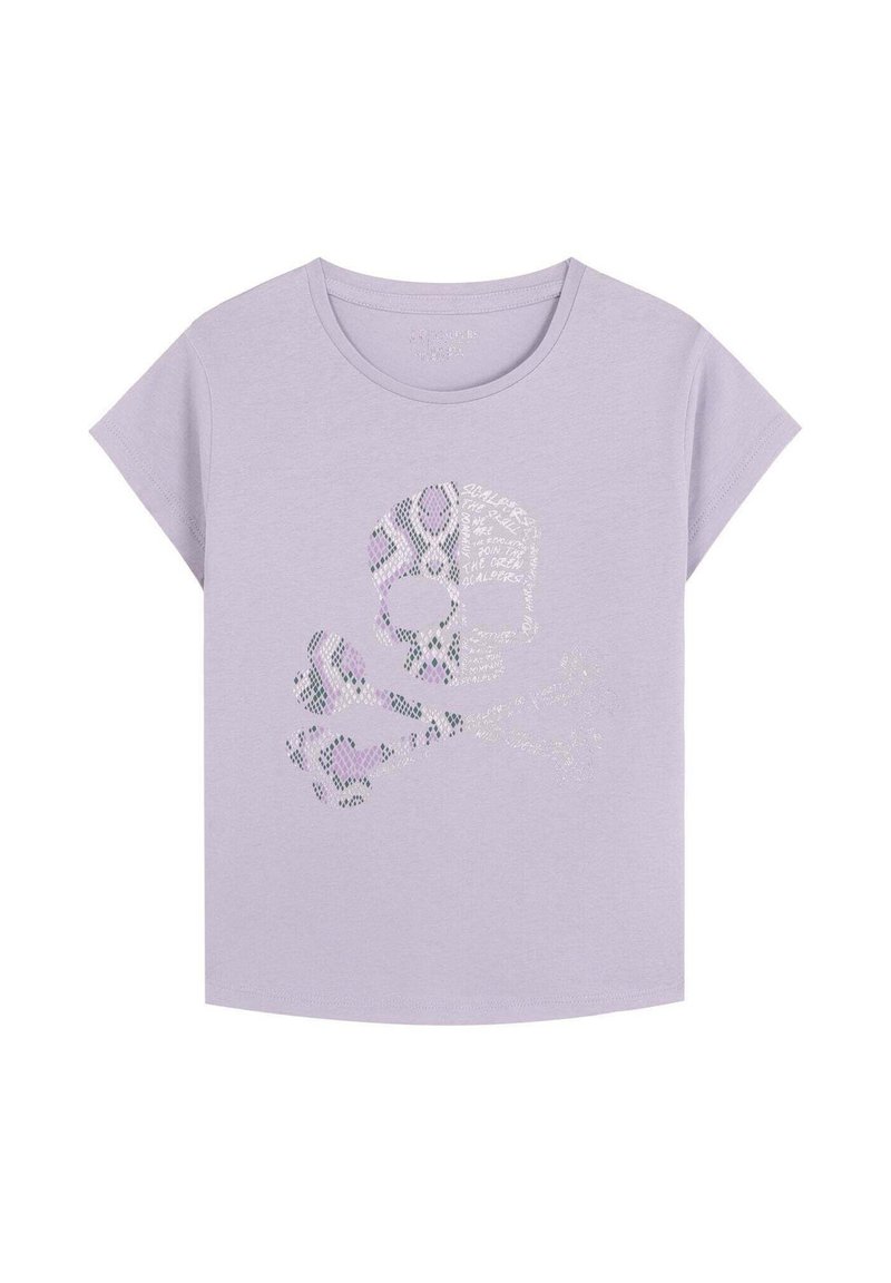 T-shirt corti a maniche in lilla con una grafica di teschio e ossa incrociate scintillanti in tonalità metalliche di argento e viola sul davanti.
