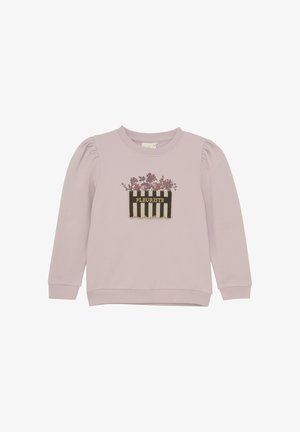Lilla pullover sweatshirt med puffede ærmer, prydet med et blomstermotiv og teksten "FLORISTE" på en sort-hvid stribet lap. Fremstillet af bomuldsmateriale.