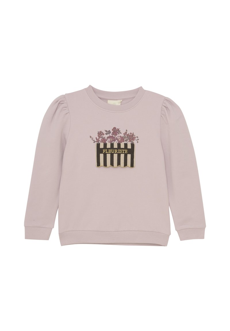 Lila sweatshirt med puffärmar, med ett blommönster och "FLORISTE"-text på ett svart-vitt randigt lappar. Tillverkad i bomull.