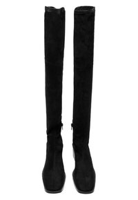 Bottes noires en suede arrivant au genou avec un design ajusté, bout carré et matériel minimal. Texture lisse avec une silhouette élancée.