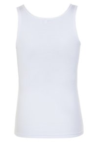 White cotton tank top with a fitted design, featuring a scooped neckline and lace trim along the straps. Smooth texture, no patterns.