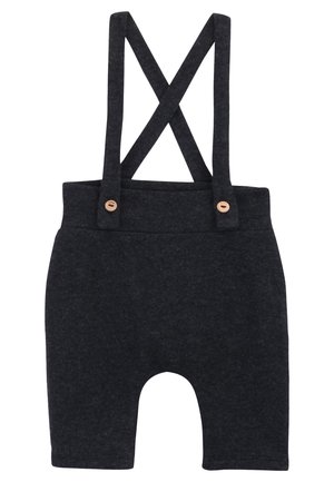 Ciemnoszare dzianinowe ogrodniczki z krzyżującymi się szelkami, drewnianymi guzalkami na paskach i nogawkami w stylu szortów. Gładka faktura z miękkim wykończeniem.