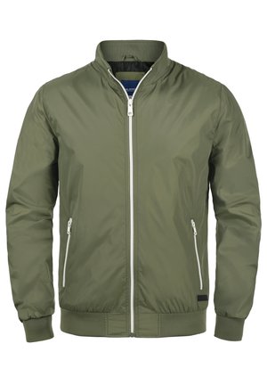Olive green bomber jacket made of smooth, lightweight material. Features a front zipper, two side pockets with zippers, and ribbed cuffs.