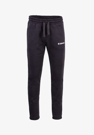 Zwarte taps toelopende sweatpants met elastische tailleband en boorden, trekkoordsluiting, zijzakken en klein wit Spitzbub-logo op de linker dij.