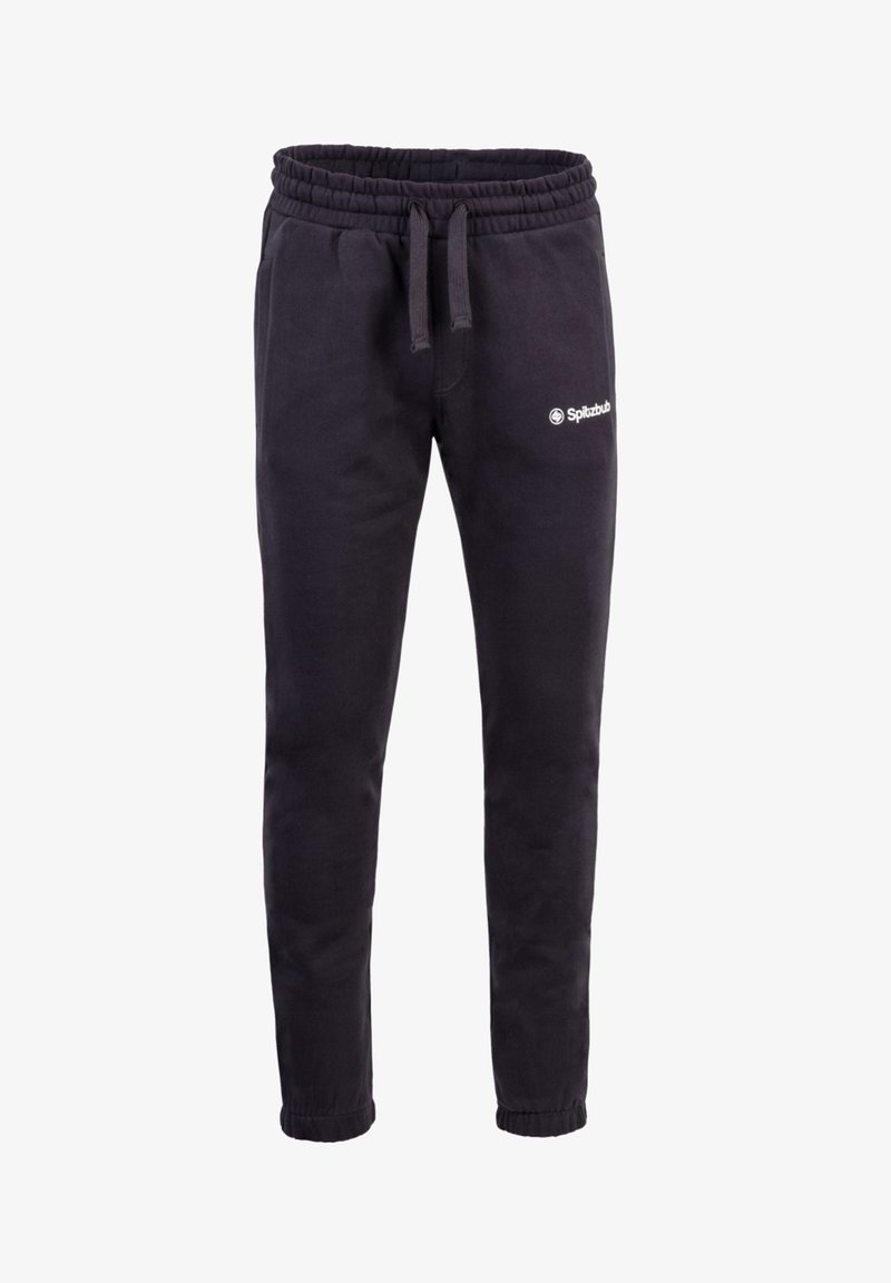 Pantalon de survêtement noir fuselé avec ceinture et poignets élastiques, fermeture à cordon, poches latérales et petit logo blanc Spitzbub sur la cuisse gauche.