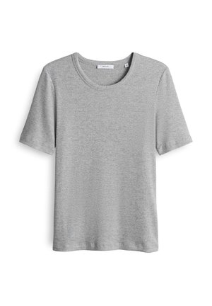 Gray ribbed short-sleeve t-shirt with a round neckline, made of soft fabric, featuring a smooth texture and a relaxed fit.