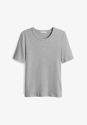 Grau gestreiftes Kurzarm-T-Shirt mit rundem Ausschnitt, aus weichem Stoff, mit glatter Textur und lässigem Schnitt.