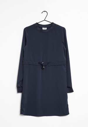 Navyblaues Kleid mit langen Ärmeln, runder Halslinie, verstellbarem Kordelzug in der Taille und geknöpften Ärmeln aus glattem Stoff.