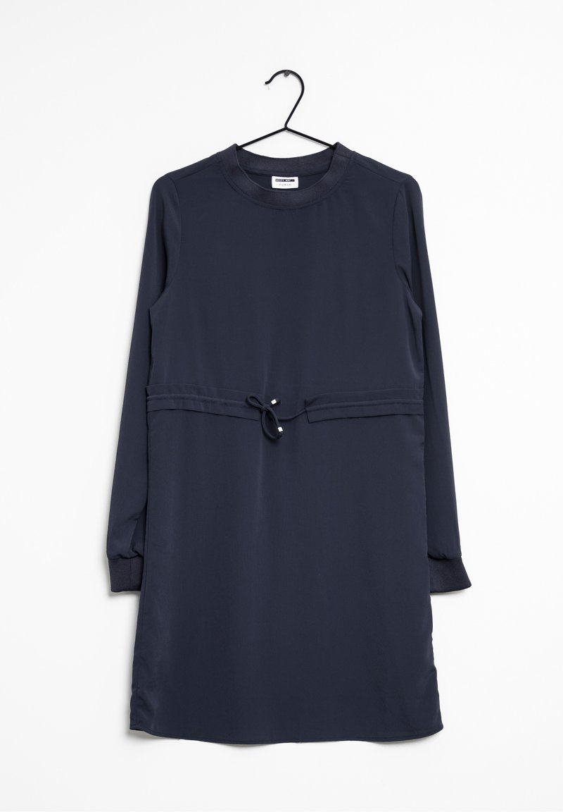 Navyblaues Kleid mit langen Ärmeln, runder Halslinie, verstellbarem Kordelzug in der Taille und geknöpften Ärmeln aus glattem Stoff.