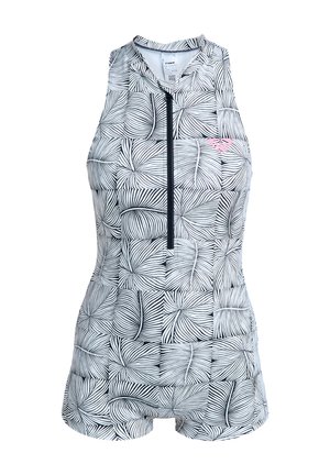 Sleeveless one-piece swimsuit with black and white abstract swirl pattern, front zipper, and small pink logo on chest.