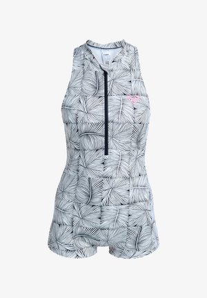 Sleeveless one-piece swimsuit with black and white abstract swirl pattern, front zipper, and small pink logo on chest.