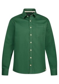Groene langemouwen shirt van gladde stof, met een knoopsluiting aan de voorkant, contrasterende lichte knopen en een enkele borstzak.