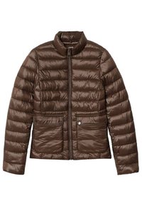 Brown puffer jacket with a high collar, front zipper, and two patch pockets. Features a quilted design with a smooth, shiny texture.