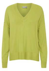 Grobstrickpullover mit V-Ausschnitt und langen Ärmeln in leuchtendem Limettengrün, locker geschnitten mit Rippbesatz an den Säumen und am Bund. Weiche Stricktextur.