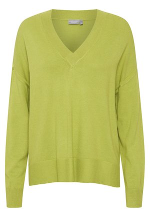 V-hals, langærmet pullover trøje i lys limegrøn, med en løs pasform og ribbede detaljer ved ærmer og kant. Blød strikket tekstur.