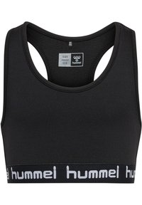 Svart sport-BH med en texturerad yta, racerback-design och ett kontrasterande vitt "hummel" logoband nertill. Storleksmärke synligt.