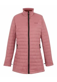 Veste d'extérieur matelassée rose avec fermeture éclair frontale complète et deux poches latérales zippées, avec col montant et logo de la marque sur la poitrine.