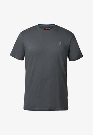 Hallgrå puuvillane T-särk ümmarguse kaelusega, lühikeste varrukatega ja väikese sinise logoga rinnal. Sile tekstuur ja regulaarne lõige.